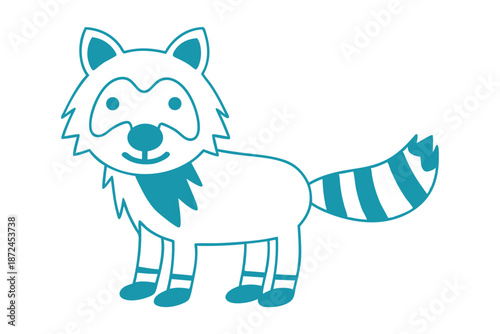 Isolated teal raccoon with striped tail is standing and looking straight ahead sweetly