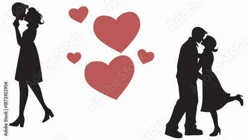 Romantic couple silhouettes with floating hearts