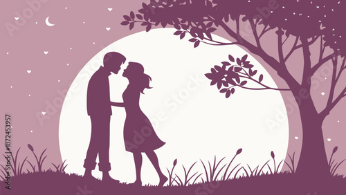 Romantic couple kissing under moonlight in serene landscape