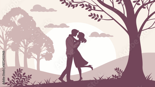 Romantic couple kissing under tree at sunset with beautiful landscape