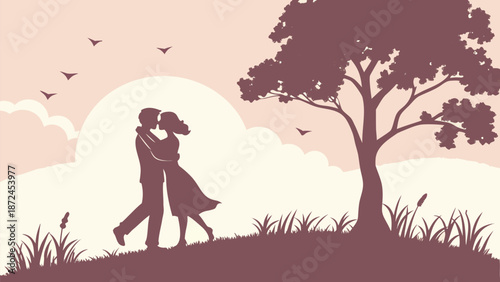 Romantic couple embracing in serene natural setting at sunset