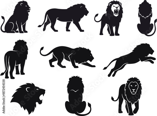 Black lion silhouettes, wild feline poses, jungle predator shapes, lion movement study, majestic mane art, vector illustration, design elements