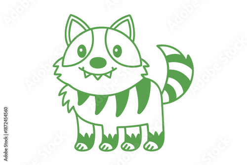 Green cartoon raccoon with stripes shows a toothy smile on a white backdrop