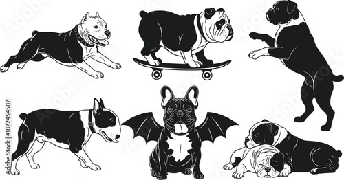 Bulldog silhouettes in playful, whimsical poses, skateboarding, cuddling, bat wings, black vector art, pet charm, animal behavior, fun