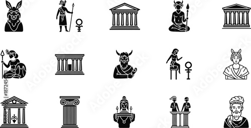 Ancient Greek Gods Figures Temples Columns Symbols Mythology vector illustration