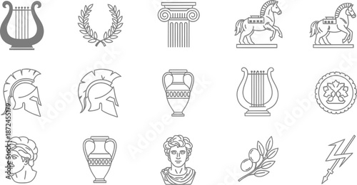 Set of Ancient Greek Icons and Symbols in Outline Style on White Background Keywords: greek, icon, symbol, outline, harp, lyre, laurel wreath