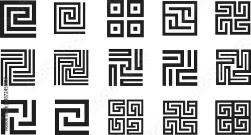 Greek Key Pattern Square Motifs Geometric Maze Designs Black and White meander