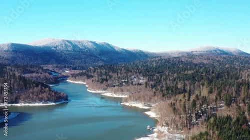 Lepenica lake and Risnjak mountain in Gorski kotar Croatia, frost on trees, winter landscape