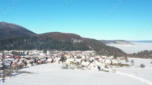 Panoramic view of town of Delnice in Gorski kotar in Croatia in winter

