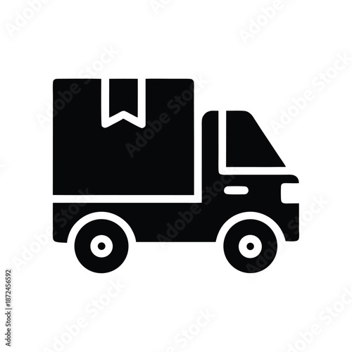 Black silhouette displays a delivery truck carrying a package ready for dispatch or shipment