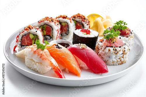 Assorted sushi platter with nigiri and rolls on white plate  
