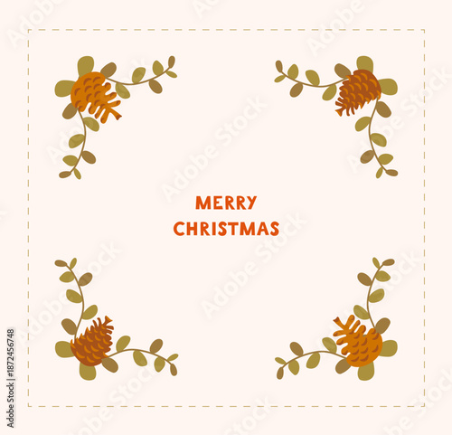 Festive Christmas frame. Vintage style, warm pastel colours. Eucalyptus branch, pine cones, dotted frame, text. Perfect for greeting cards, invitations, packaging.