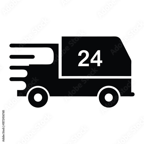 A fast moving black delivery truck shows twenty four in plain background