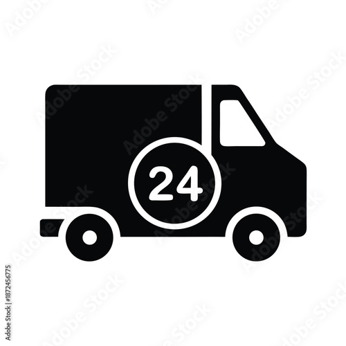 A delivery truck icon with a twenty four hour service logo is displayed
