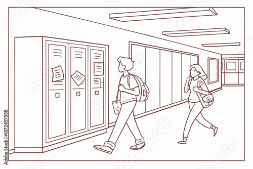 School Students Walking in Hallway with Lockers