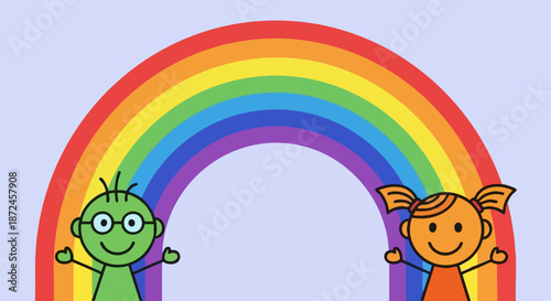 Simple cartoon drawing of a happy boy and girl standing beneath a bright colorful rainbow on white background