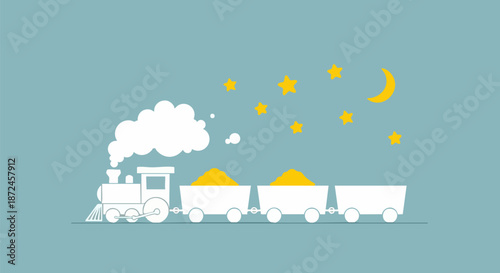 Simple white outline graphic of a nighttime steam locomotive carrying yellow cargo across the landscape on white background