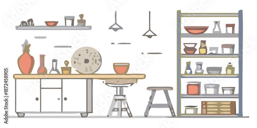 Pottery workshop with ceramics and tools on wooden workbench