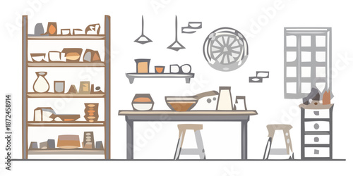 Modern pottery studio with ceramics and equipment on shelves