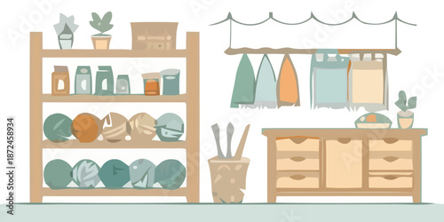 Cozy home laundry room with wooden shelves and modern decor