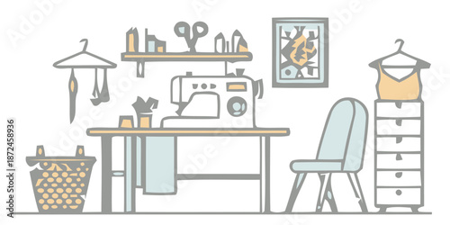 Cozy sewing room with organized workspace and modern furniture