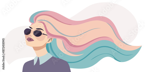 Vibrant woman with colorful hair and sunglasses smiling freely