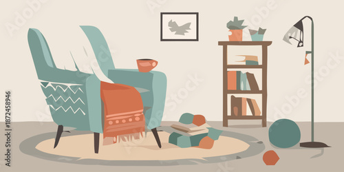 Cozy living room with comfortable chair and toys on floor