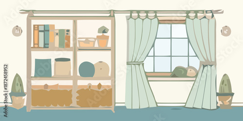 Cozy home office with bookshelf and window