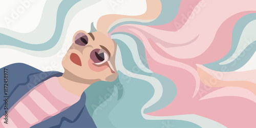 Vibrant woman with flowing hair in pink and blue hues