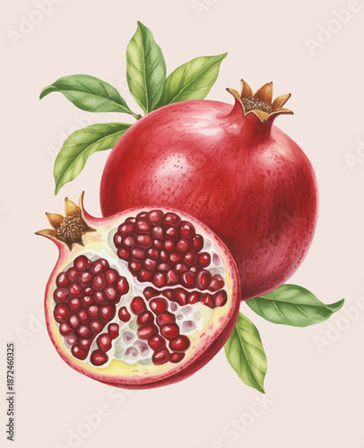 Ripe pomegranate fruit with cut section in hand-painted watercolor style.