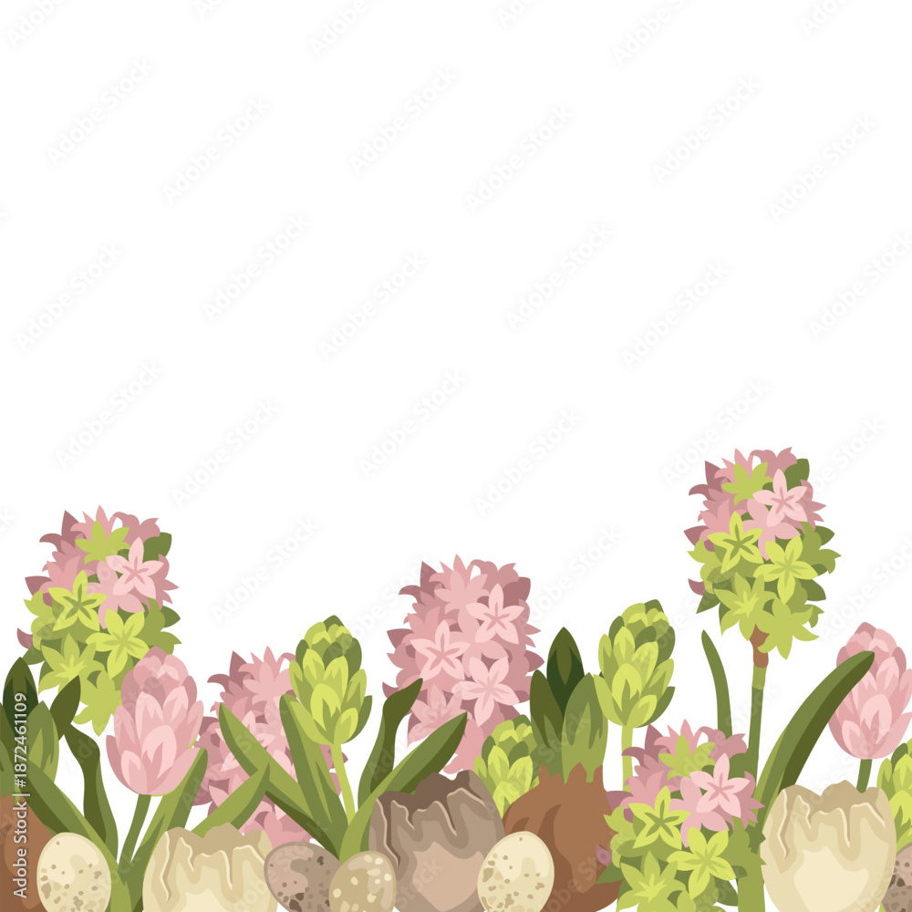 Obraz premium Hand-drawn Easter floral border made of hyacinth flowers, buns and buds, cracked eggshell and bird eggs, seasonal design template