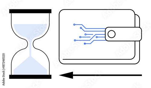 Digital wallet concept. cryptocurrency, financial technology, and blockchain with a wallet and hourglass. Digital wallet ensuring secure cryptocurrency usage. For fintech, blockchain, time