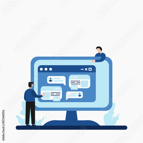 Modern flat vector illustration of digital collaboration, teamwork, and online communication. People working together on a computer interface for project management and remote work concepts.