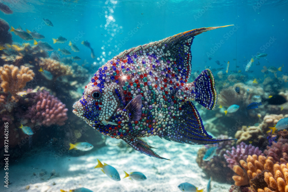 Fototapeta premium coral reef and fish in rhinestone underwater