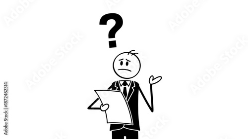 Confused stick figure businessman shrugging, holding document with question mark, expressing helplessness on isolated white background.