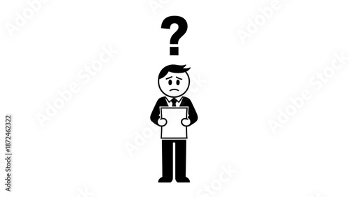 Worried stick figure man holding blank paper with question mark, looking sad and confused on isolated white background.