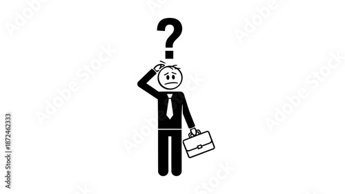 Confused stick figure businessman scratching head with question mark, holding briefcase on isolated white background.
