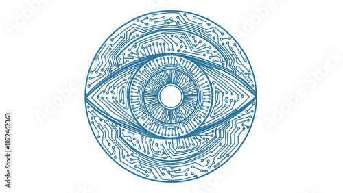 Human Eye Symbol Composed of Circuit Board Lines and Dots, Technology Concept, isolated white background
