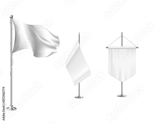 Realistic white blank flag mockups with waving flag and hanging pennant on silver poles