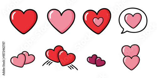 A decorative set of shiny red and white heart icons and vector illustrations for Valentine's Day romance and holiday card design
