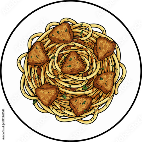 Top View Linguine Pasta With Fried Chicken Liver In Detailed Vector Illustration