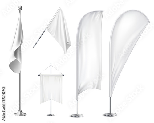 Blank white beach flags and hanging banner mockups for event branding and advertising