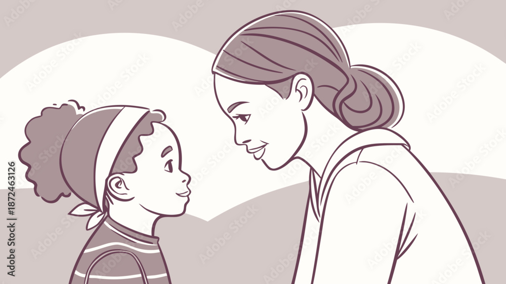 Obraz premium Mother and son exchanging affectionate glances, minimalist style, soft colors.