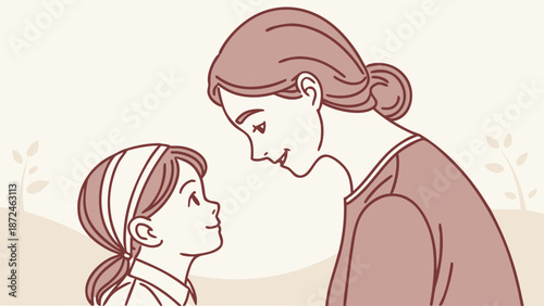 Mother and son exchanging affectionate glances, minimalist style, soft colors.