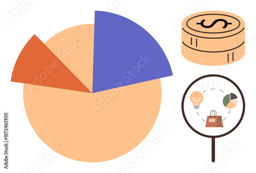 Business analysis, financial planning, revenue growth, market trends, data visualization, shopping trends. Pie chart, coins and magnifying glass with visual elements. Financial planning and business