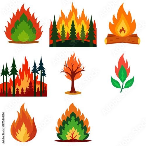 Forest and plants on fire icons set