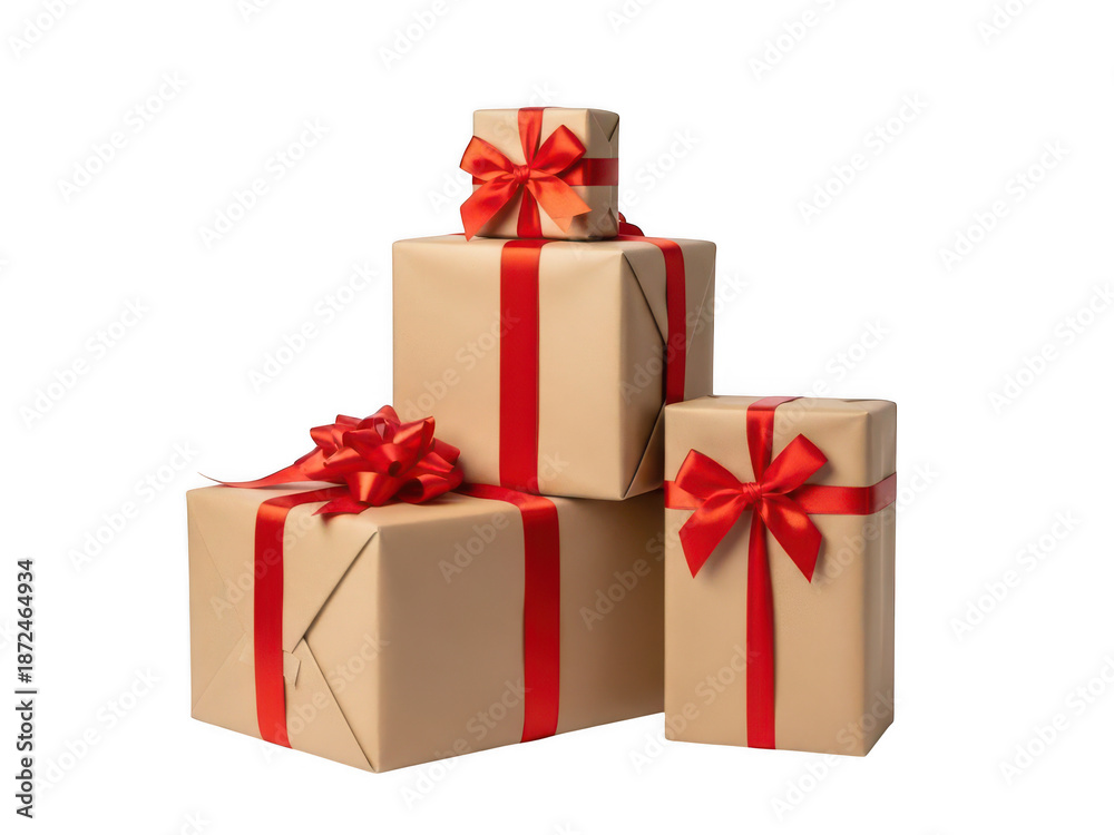 Obraz premium Stack of Five Brown Gift Boxes with Red Ribbons on Dark Background