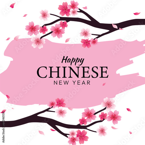 A vibrant Chinese New Year graphic featuring pink cherry blossoms and a bold brushstroke background with festive typography.