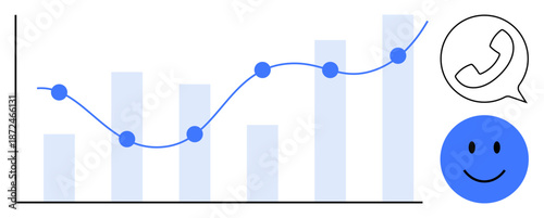 Business growth. Business growth illustrated with rising bar and line chart, speech bubble with phone icon, and happy face. Business growth, customer analysis, sales performance. For analytics