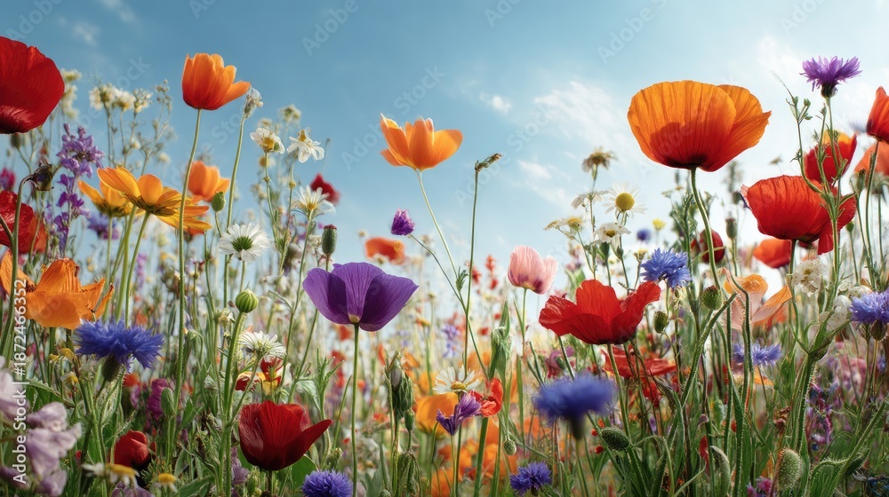 Obraz premium Vibrant Field of Colorful Wildflowers in Full Bloom Under a Clear Blue Sky on a Bright Sunny Day with Gentle White Clouds Floating Above